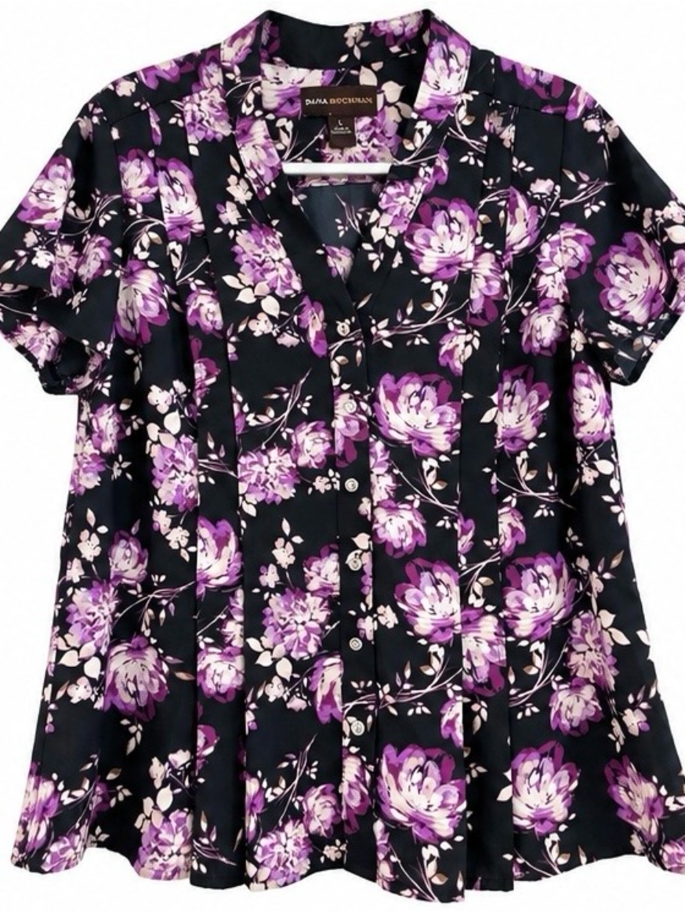 Dana Buchman Black Blouse with Purple Floral Print